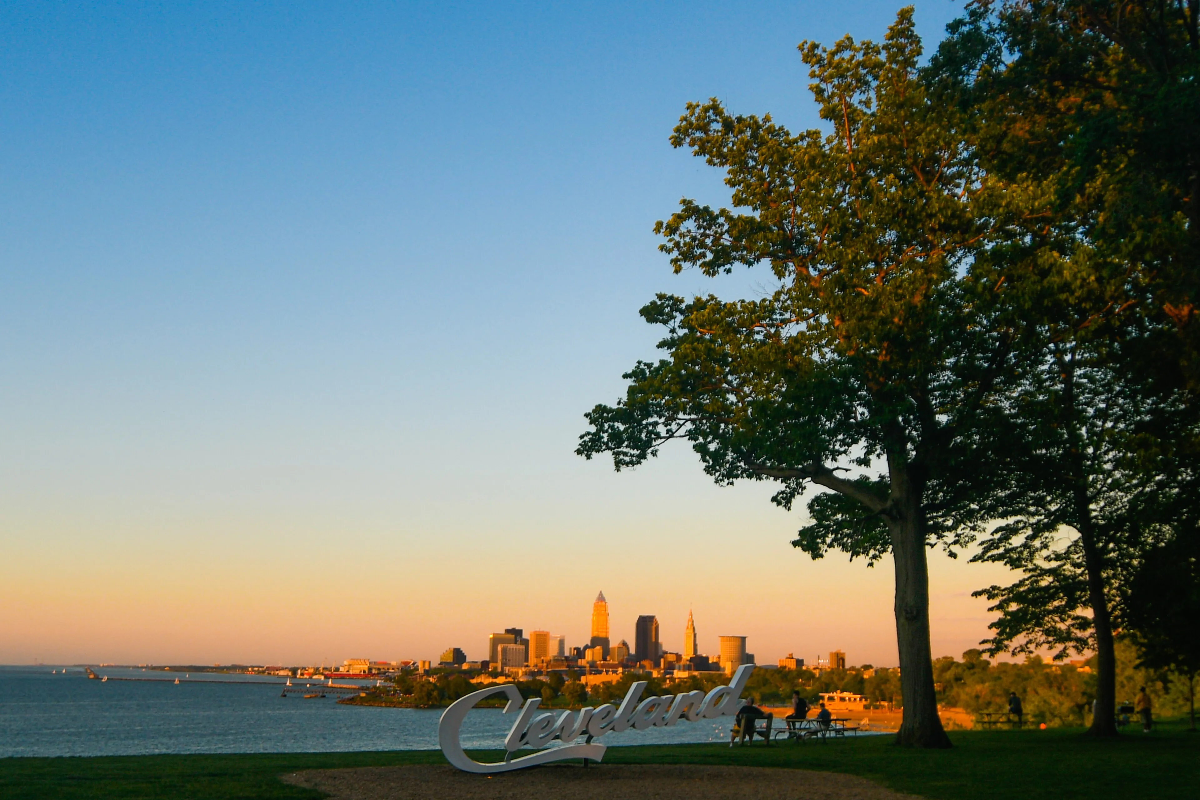 Cleveland skyline at golden hour from Edgewater Park